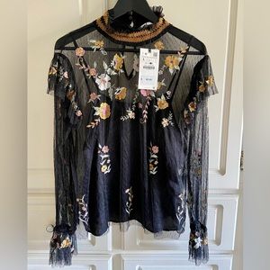 Zara Sheer Embroidered Floral Blouse - NWT size L